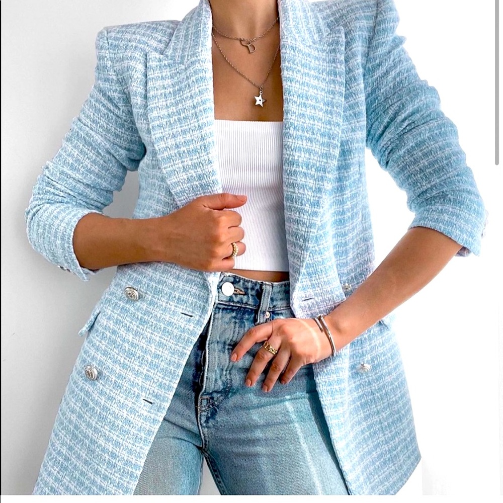 Zara light Blue plaid tweed blazer with silver buttons